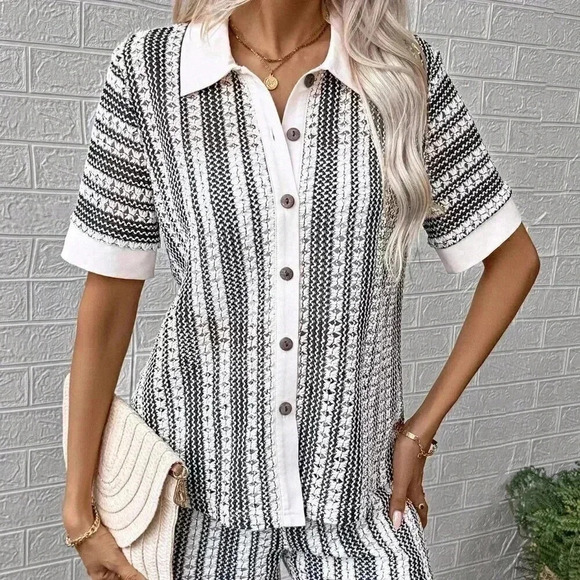 Multicolor Casual Women's Woven Short Sleeve Top And Shorts Set - Picture 7 of 7